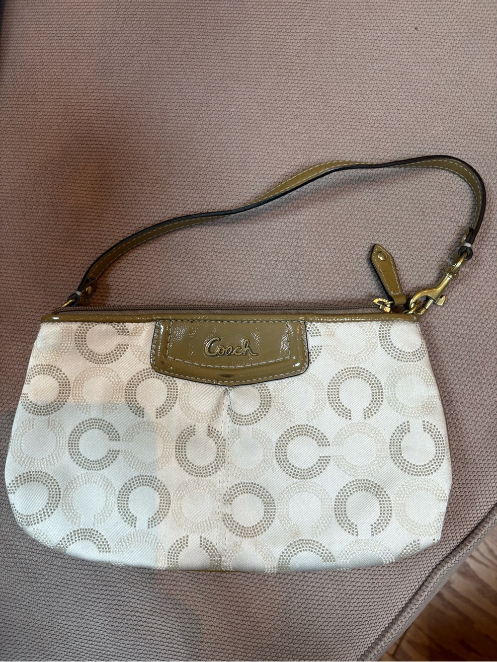 Coach White Signature Canvas Wristlet with Olive Trim